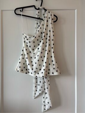 H&M White Polka Dot One-Shoulder Top with Black Dots